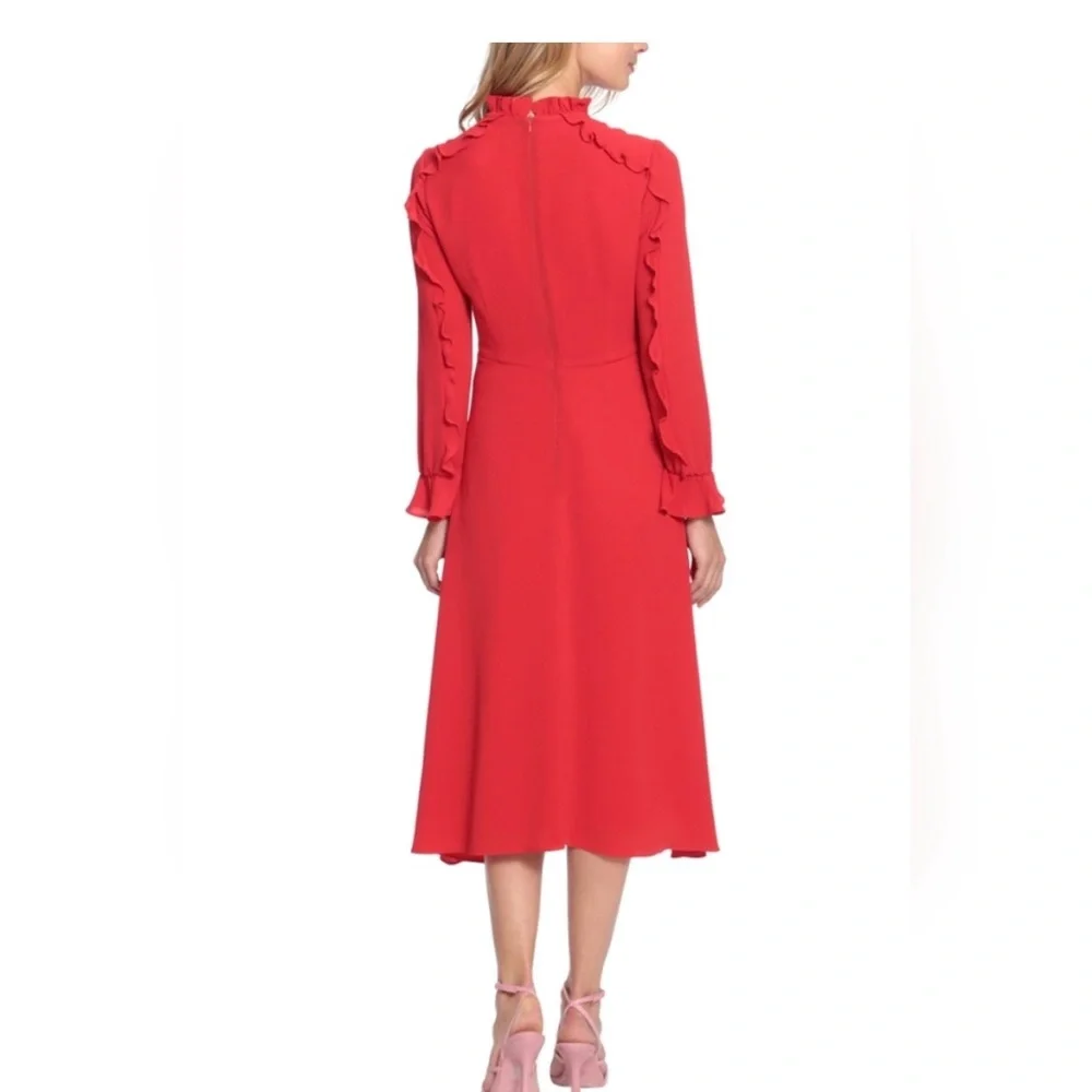 Donna Morgan Ruffle Long Sleeve A-line Midi Dress, Red, 14. - Picture 3 of 4